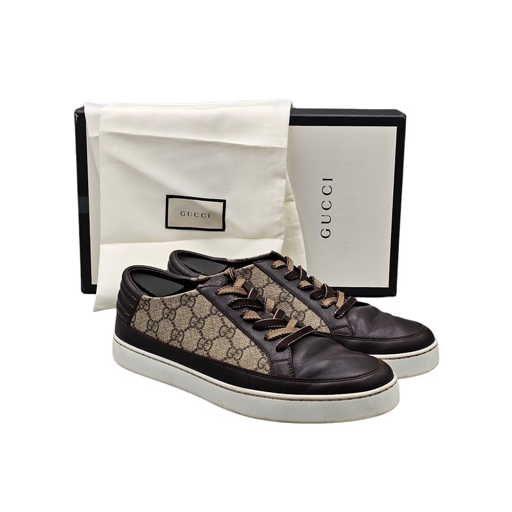 Gucci Mens GG Supreme Brown Leather Low Top Sneakers 411858 Size 9.5 US